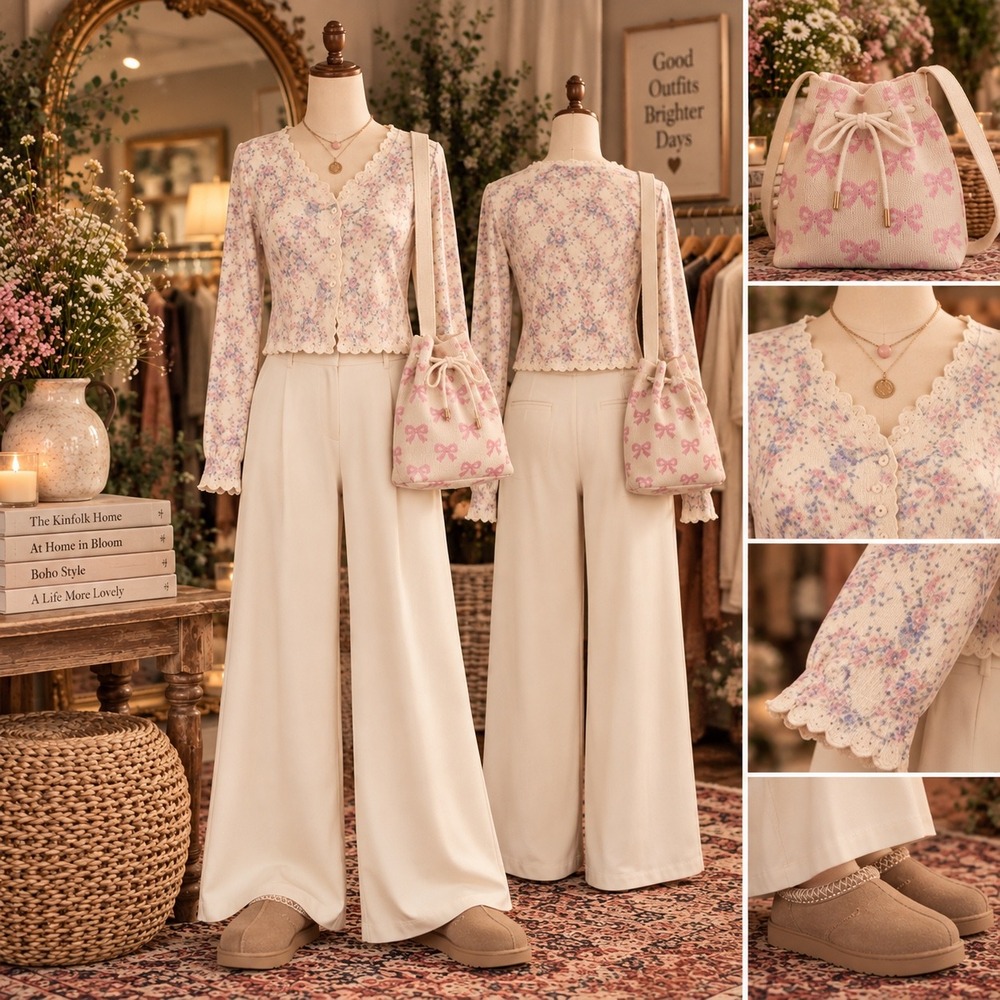 288.New Rareraw Vintage Pastel Floral Cardigan Top Cream Pink